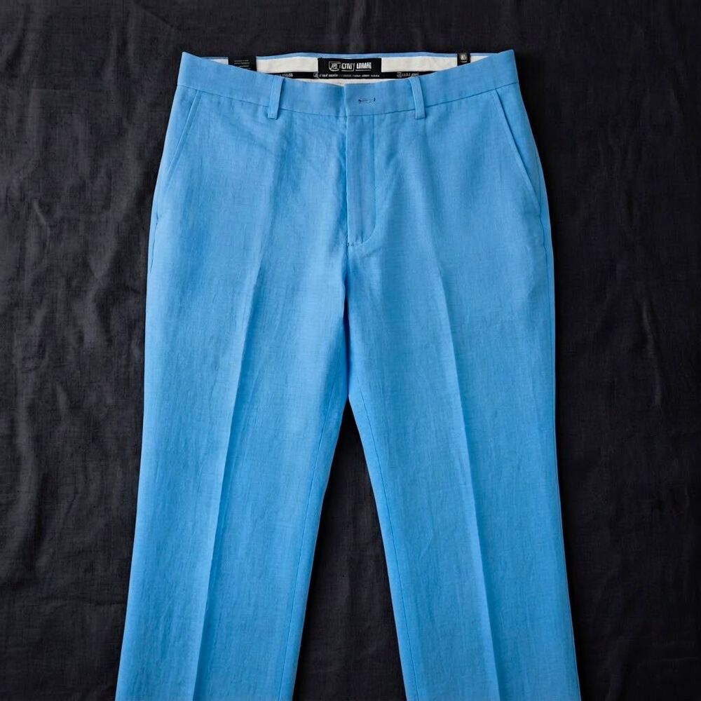 Stacy Adams Men's Blue Linen Cotton Flat Front Straight Leg Dress Pants 42 X 32